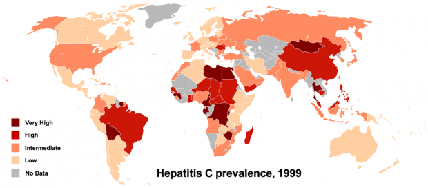 Die weltweite Verbreitung von Hepatitis C im Jahr 1999. Bild: By PhilippN [GFDL (http://www.gnu.org/copyleft/fdl.html), CC-BY-SA-3.0 (http://creativecommons.org/licenses/by-sa/3.0/) or CC BY-SA 2.5-2.0-1.0 (http://creativecommons.org/licenses/by-sa/2.5-2.0-1.0)], via Wikimedia Commons