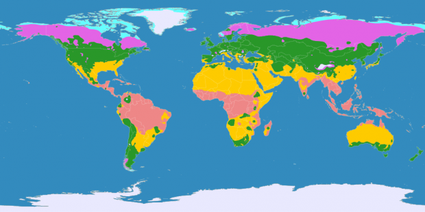 Die Welt mit ihren verschiedenen Klimazonen. Quelle: By LordToran [CC BY-SA 3.0 (http://creativecommons.org/licenses/by-sa/3.0)], via Wikimedia Commons